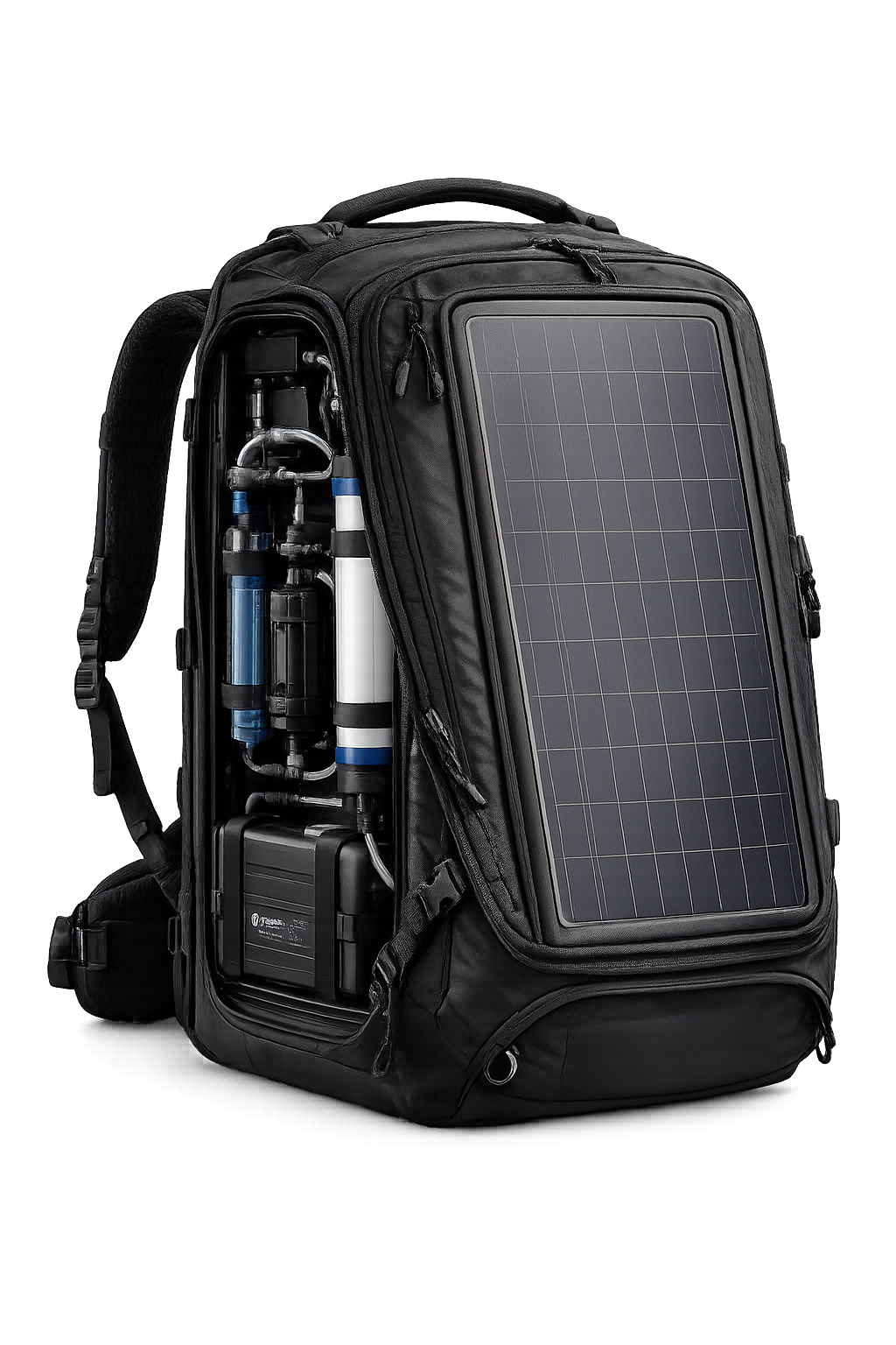 The AQUANOMAD Model 01 backpack with its side panel open, showing the reverse osmosis membrane, filters, pump, and battery beside the integrated solar panel